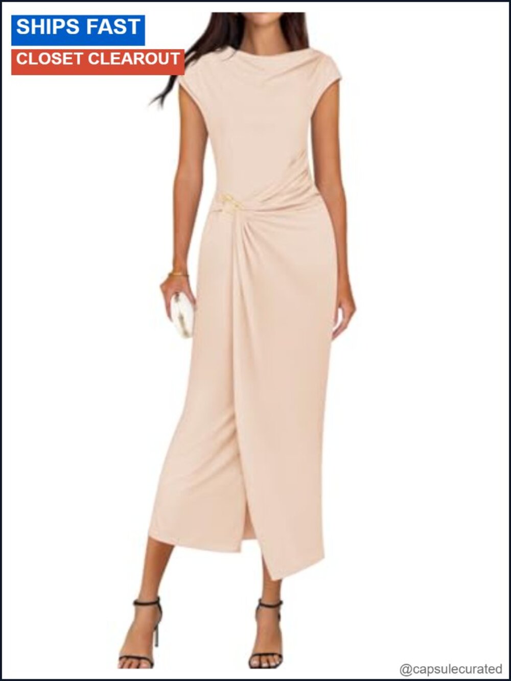 Cap Sleeve Mock Neck Bodycon Midi Dress Slit Cocktail Party